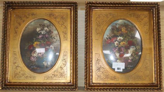 A pair of gilt framed pictures of flowers overall 38 x 32cm